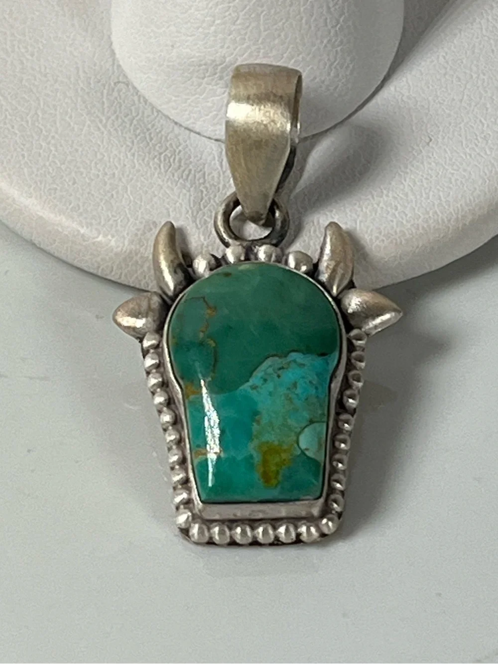 Solid Sterling Silver Mohave Turquoise Gemstone Cow Steer Pendant